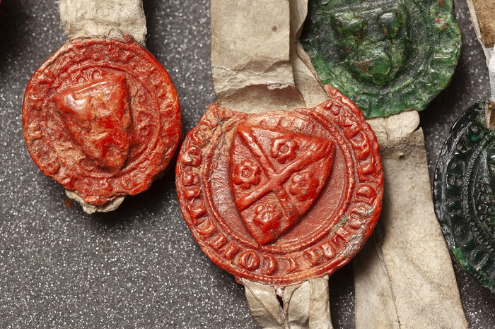 detail of the Declaration of Arbroath. Close up of seals.