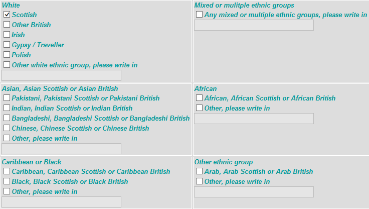 Image showing all the ethnicity options on a Registrars screen