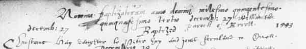 Baptism entry for Christian Hay, 27 December 1553, Old Parish Register for Errol in Perthshire (OPR 351/1)