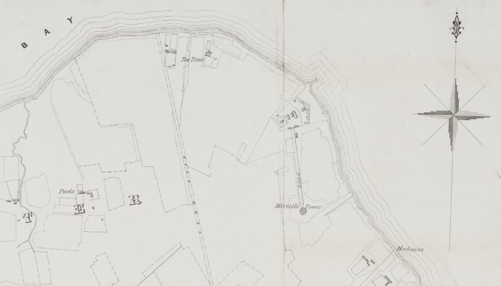Detail of plan showing location of Hackness Martello tower and battery. 'Plan of the Crown Lands in the parish of Walls, Orkney. Plan No 2 Kirbuster and Osmondwall'. Unattributed. Lithographed by D and D Nimmo, Edinburgh. 1870 National Records of Scotland RHP1703