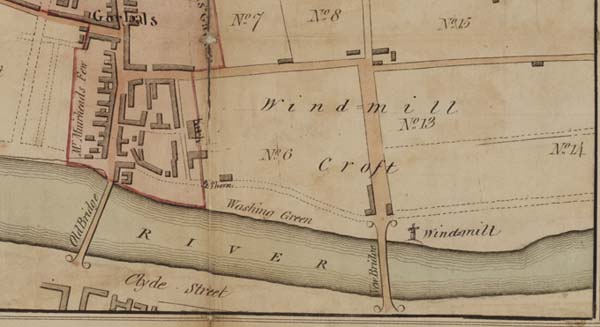 An example of a plan depicting a windmill. Shown here is a detail of the village and parish of Gorbals by Thomas Richardson, 1803. National Records of Scotland, Crown copyright, RHP44858