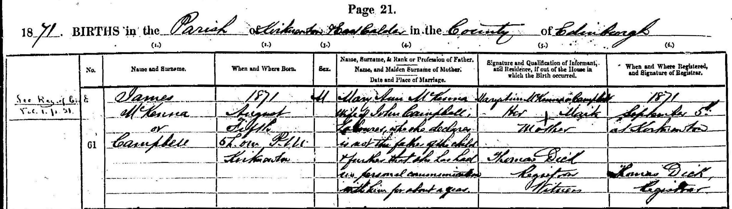 James McKenna or Campbell’s birth entry, 1871. 