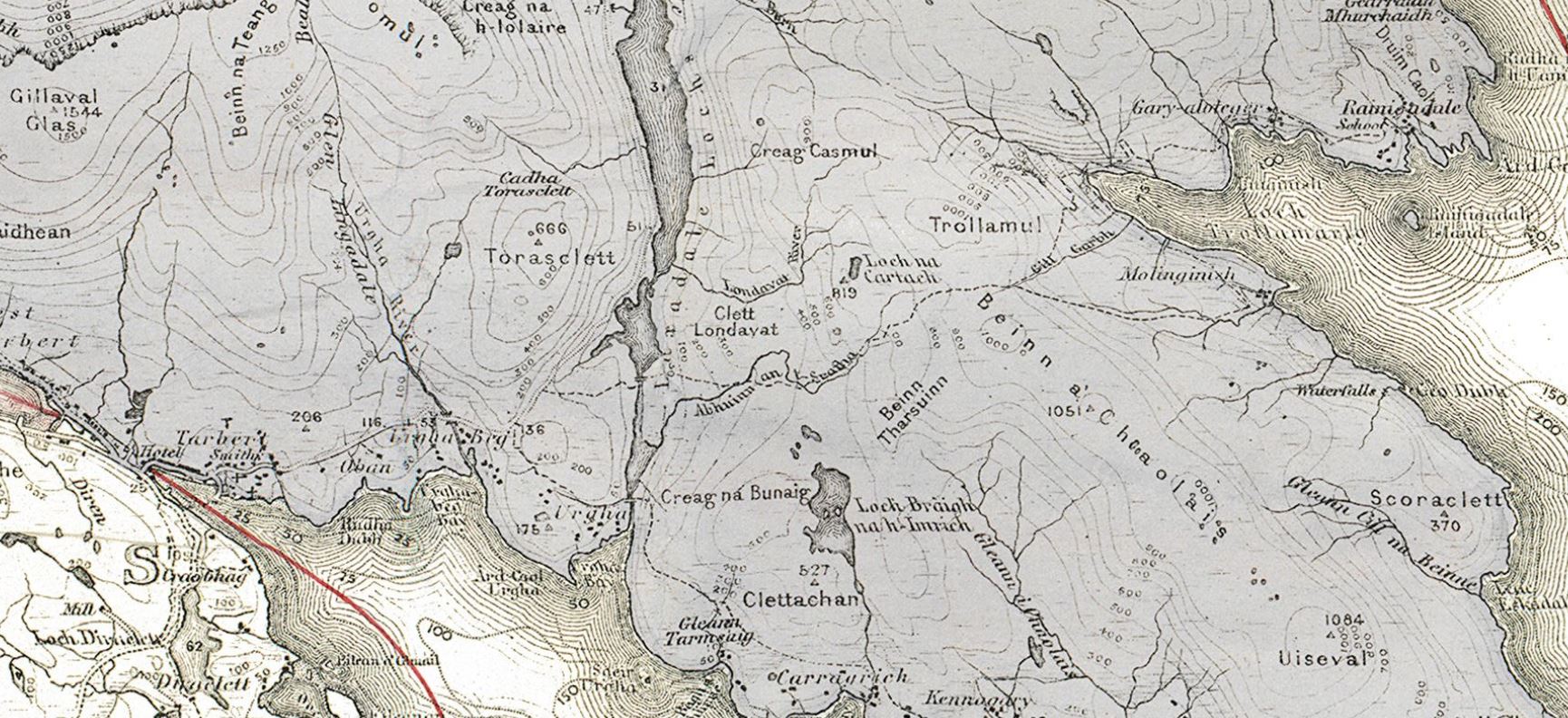This map shows Reinigeadal at the top right corner of the image and Tarbet at the bottom left. The Postman's Path is depicted broken line. Detail of Register of Sasine plan of Harris. NRS ref.: RS230/280 by a