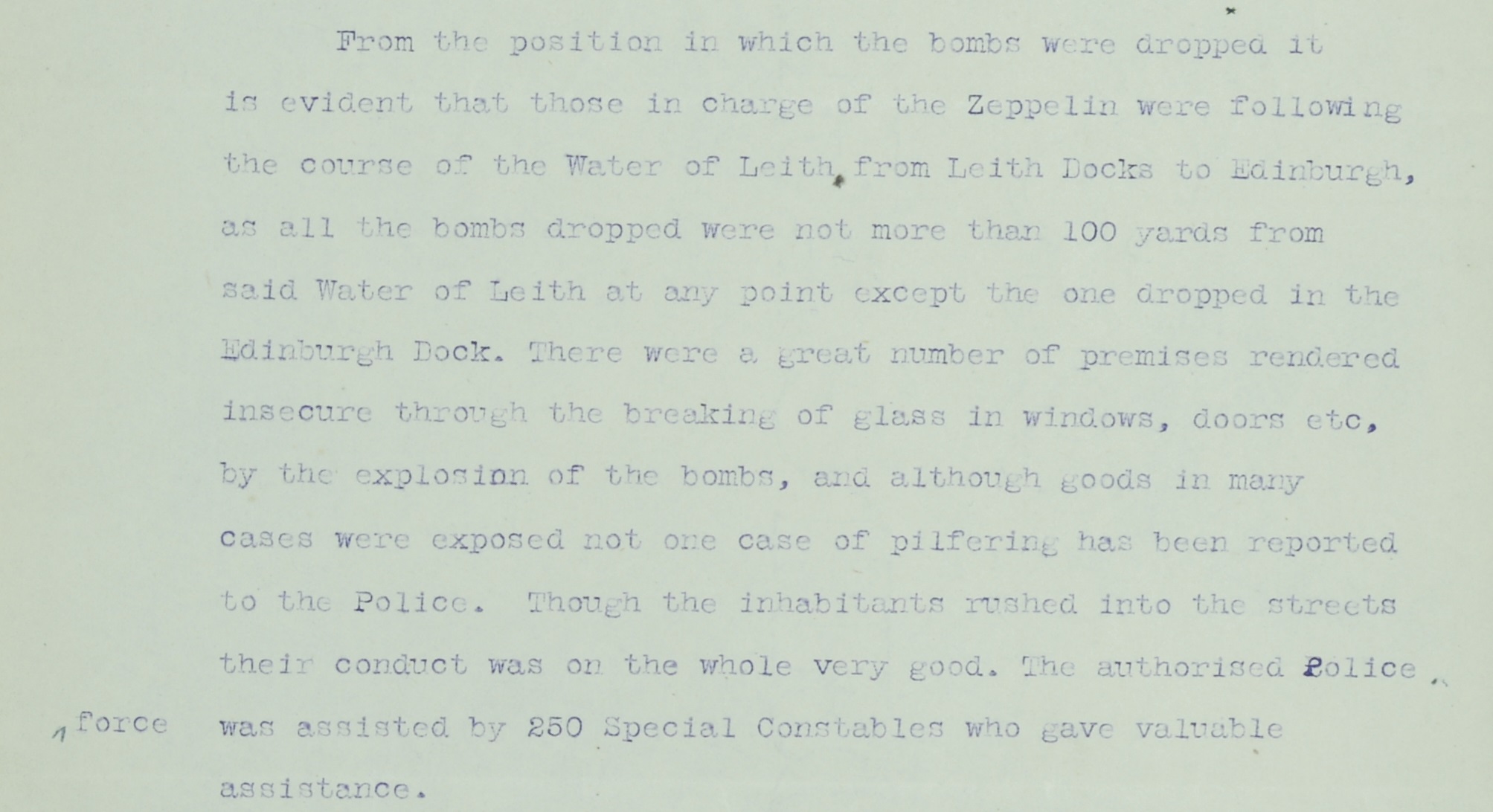 Image shows extract from the report on the raid compiled by the Chief Constable of Leith, 1916, National Records of Scotland, HH31/21/8 fol.17