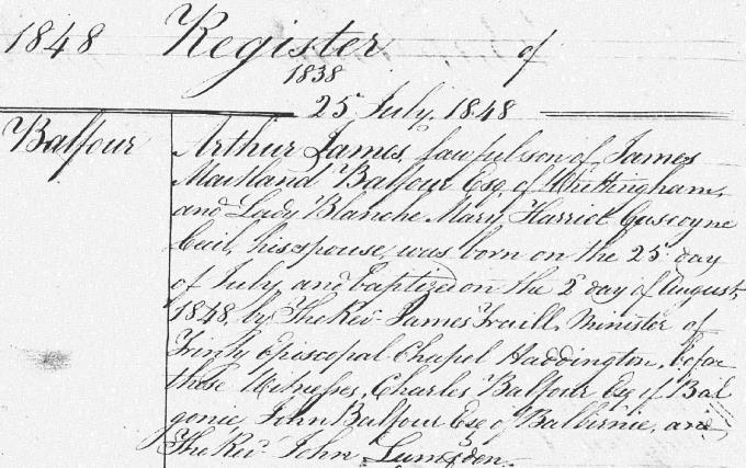 Birth and baptism entry for Arthur James Balfour