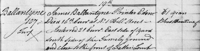 Death and burial entry for James Ballantyne - 1