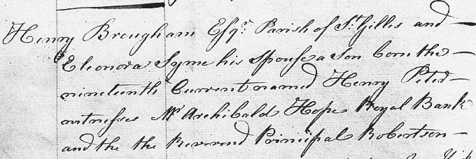 Birth and baptism entry for Henry Brougham
