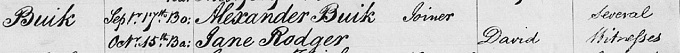 Birth and baptism entry for David Buick
