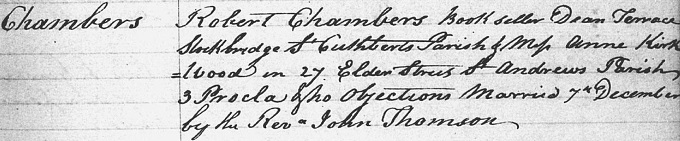 Proclamation of banns and marriage entry for Robert Chambers - 1829 (her parish)