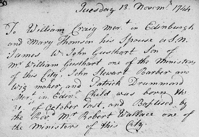 Birth and baptism entry for James Craig