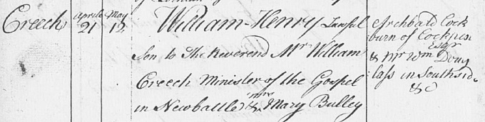 Birth and baptism entry for William Creech