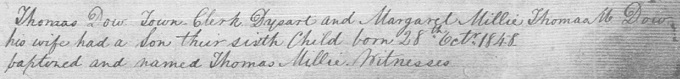 Birth and baptism entry for Thomas Millie Dow