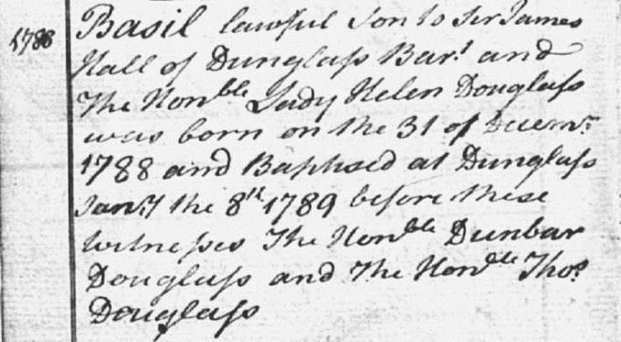 Birth and baptism entry for Basil Hall