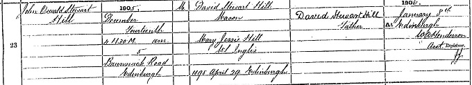 Birth entry for Johnny Hill