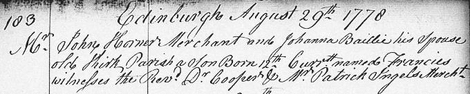 Birth and baptism entry for Francis Horner