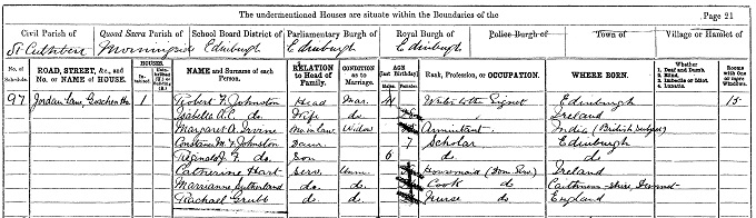 1881 Census record for Reginald Fleming Johnston