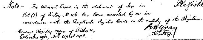 Note of correction to Harry Lauder's birth entry