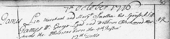 Birth and baptism entry for James Lind