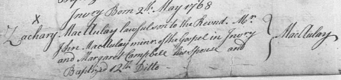 Birth and baptism entry for Zachary MacAulay