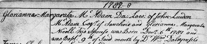 Birth and baptism entry for John Loudon McAdam's daughter