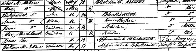 1851 Census record for Kirkpatrick McMillan