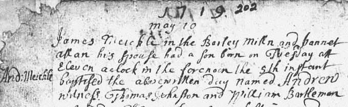 Birth and baptism entry for Andrew Meikle