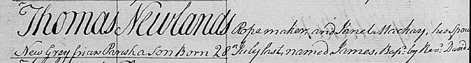 Birth and baptism entry for James Newlands