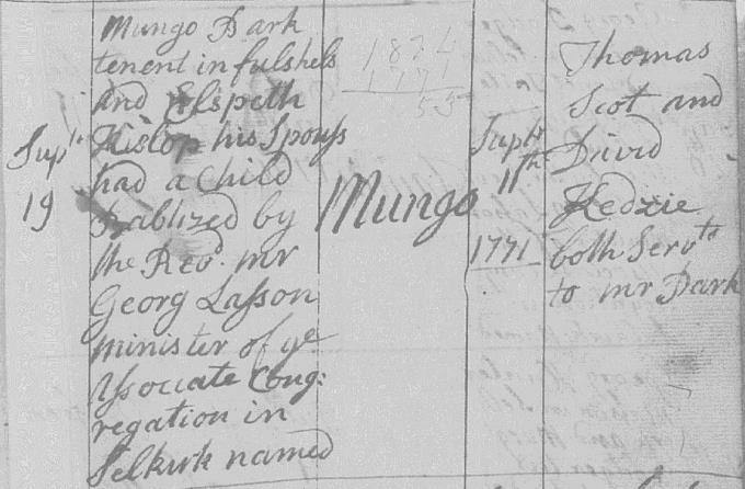 Birth and baptism entry for Mungo Park
