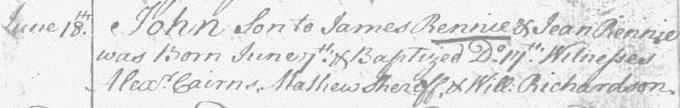 Birth and baptism entry for John Rennie
