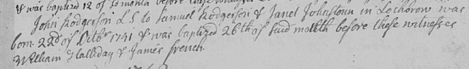 Birth and baptism entry for John Rogerson