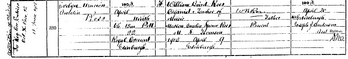 Birth entry for Marion Ross