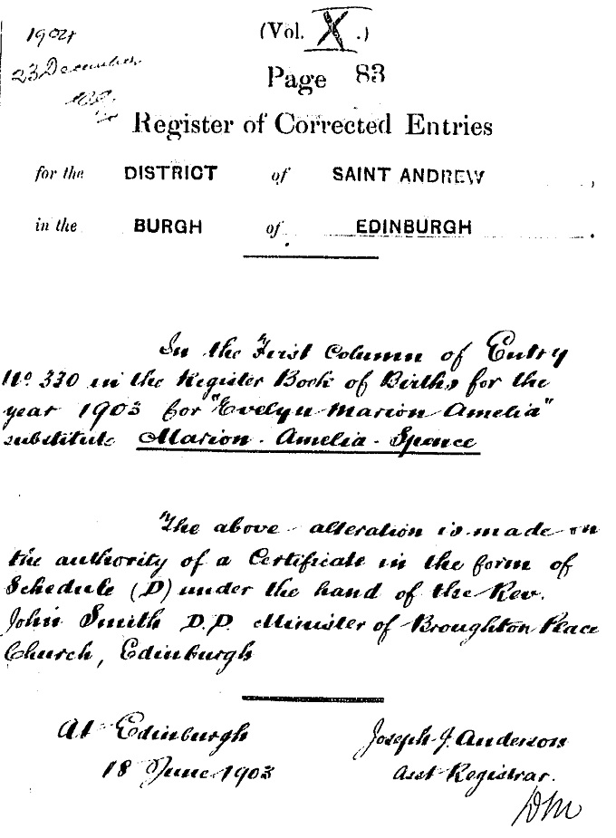 RCE for birth entry of Marion Ross