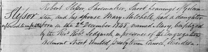 Birth and baptism entry for Mary Slessor