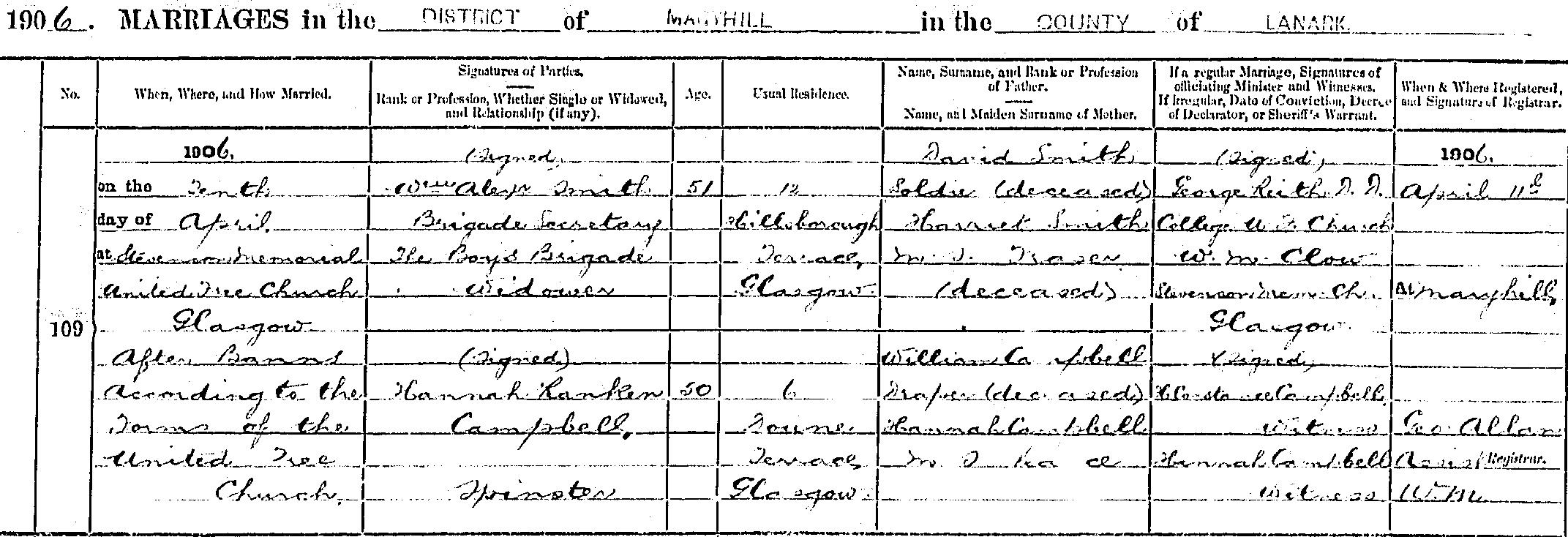Marriage entry for William Alexander Smith - 1906