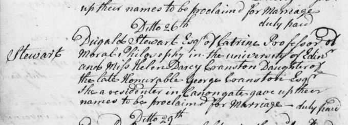 Marriage entry for Dugald Stewart - Canongate