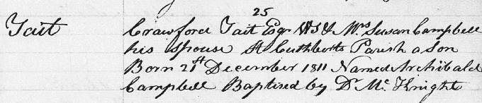 Birth and baptism entry for Archibald Campbell Tait