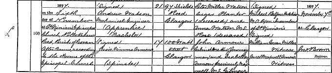 Marriage entry for Andrew Watson, 1877