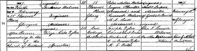 Marriage entry for Andrew Watson, 1887