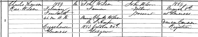 Birth entry for Charles Thomson Rees Wilson
