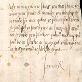 Image of a letter from the young King James VI of Scotland to the Countess of Mar, thanking her for a gift of fruit, 1570-1579 (Crown Copyright, National Records of Scotland, GD124/10/45)