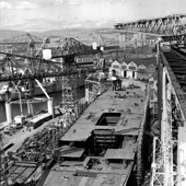 Photograph of bonding of aluminium units during construction of the Cunard liner RMS Queen Elizabeth 2 at the shipyard of John Brown & Company, Clydebank, 19 May 1967 (Crown Copyright, National Records of Scotland, UCS1/118/736/156)