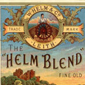 Image of a bottling label for Helm Blend fine old highland whisky produced by W Helm & Co, Leith. Label is illustrated with countryside scene of a castle set above a river bend, c. nineteenth century (Crown Copyright, National Records of Scotland, CE57/4/50)