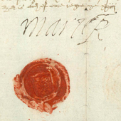 Image of a royal letter under the Signet bearing the signatures of Mary Queen of Scots and her secretary, Sir William Maitland of Lethington, ratifying infeftment of Alexander Irvine of Drum in lands in the barony of Strathbogey in Aberdeenshire, 18 Jun 1565 (Crown Copyright, National Records of Scotland, GD105/83A) 