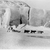 Photograph of Arctic explorer Martin Lindsay with huskies and sledge at the base camp of the British Arctic Air-Route Expedition of 1930-1931 (Crown Copyright, National Records of Scotland, GD254/1260/7)