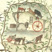  Image of a vignette of distilling and farming. Detail from plan of  lands of Craigend in Parish of St Ninians, Stirlingshire, by William Drummond, surveyor, April 1798 (Crown Copyright, National Records of Scotland, RHP80866)