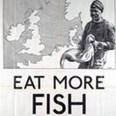 Image of a poster produced by UK government as part of the "Eat More Herrings Campaign" to increase consumption of UK herring catch, 1930s (Crown Copyright, National Records of Scotland, AF56/1045/3)