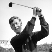 Photograph of R S Jamieson a professional golfer at Turnberry taking a golf stroke, circa 1959 (Crown Copyright, National Records of Scotland, BR/HOT/4/141)