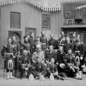 Photograph of officers and men of [The Black Watch, (Royal Highlanders)] standing in front of Egyptian vernacular building at the time of the Anglo-Egyptian War, 1882 (Crown Copyright, National Records of Scotland, GD483/26/1)