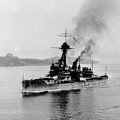 Photograph of the 4th Battle Squadron passing Inchcolm Island on the Firth of Forth, led by its flagship HMS Dreadnought, 1918 (Crown Copyright, National Records of Scotland, GD391/103/1/2/6(8))