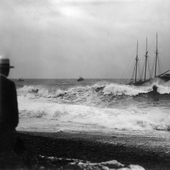 Photograph of a ship being tossed around on a stormy sea, 1908 (Crown Copyright, National Records of SCotland, GD1/585/23)